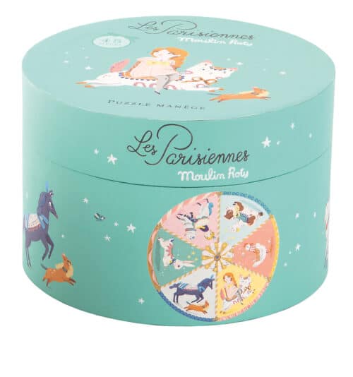 Cylinder shaped box of Les Parisiennes puzzle. The box is decorated with illustrations of the puzzle and other assorted motifs - Moulin Roty 642 542
