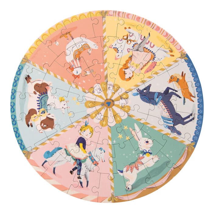 Image of illustrated puzzle featuring animals and Les Parisiennes characters. The puzzle is a circle shape - Moulin Roty 642542