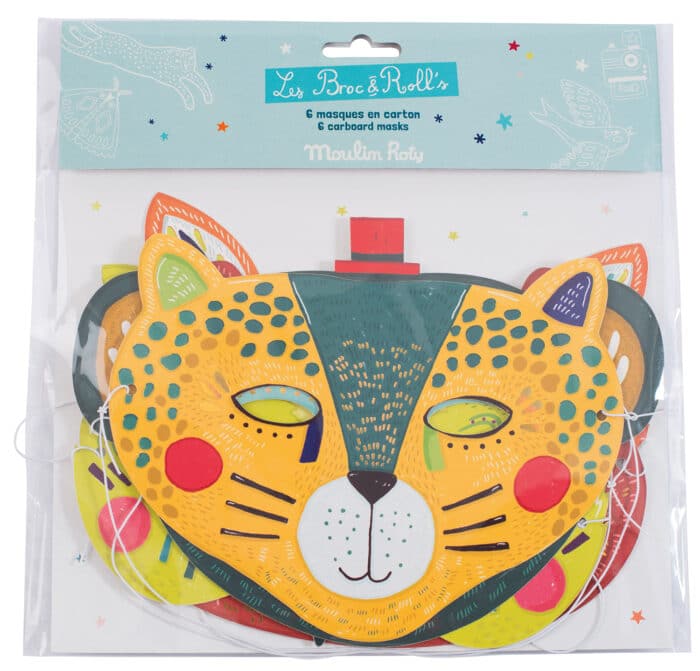 Set of six card face mask, bear, fox, panther, monkey, owl and raccoon. Masks are shades of red, orange, yellow and blue - Moulin Roty 642 775
