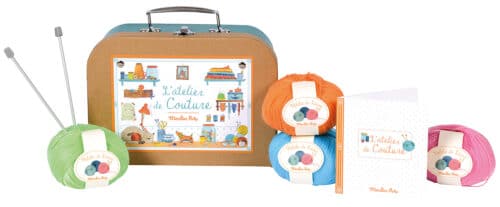 Suitcase containing haberdashery, pictured with balls of wool and knitting needles - Moulin Roty 710 404