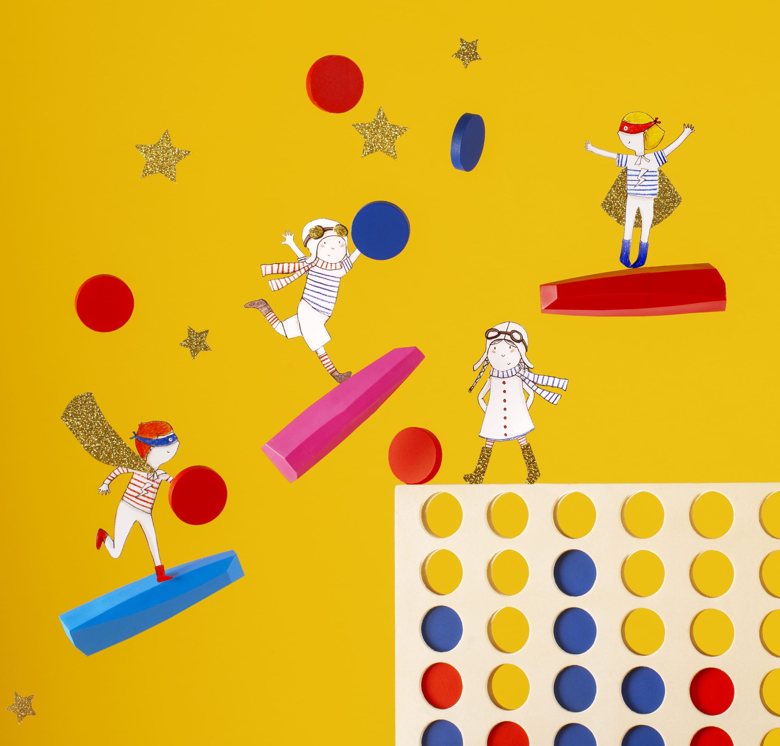 animated characters playing games and flying around connect four game