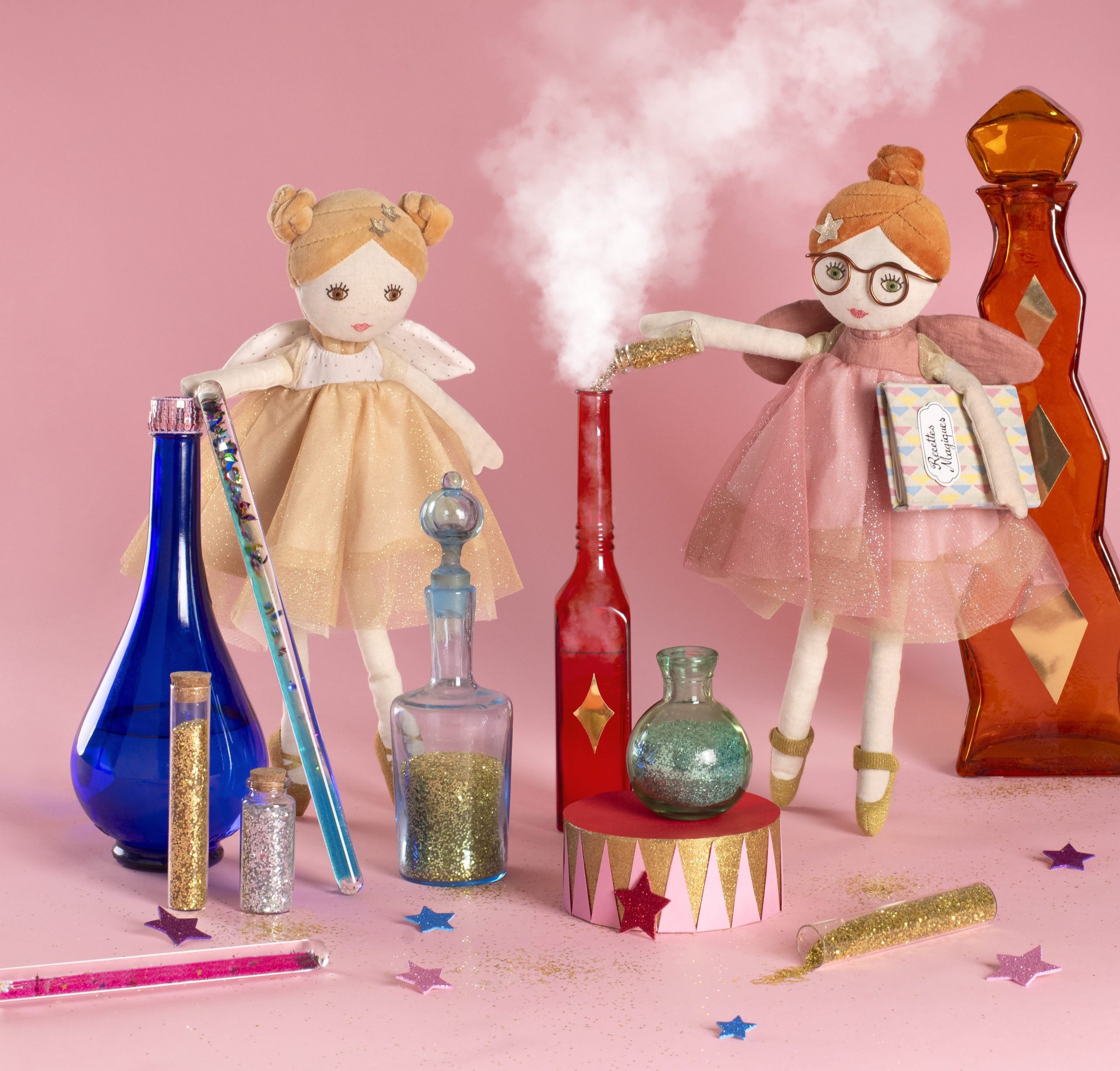 fairy dolls making potions in glass vintage decor