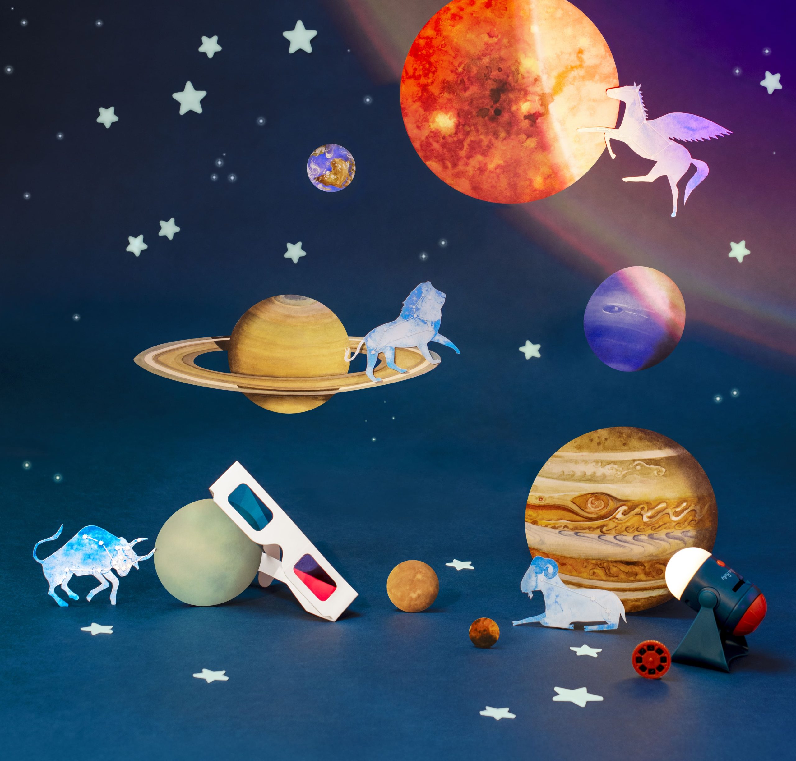 planets and 3D glasses with toys and animals (illustration)